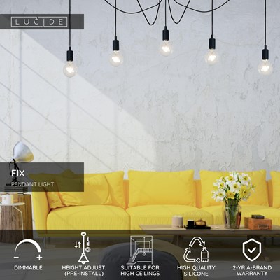 Lucide FIX - Pendant light - 5xE27 - Suitable for double-height spaces and high ceiling - Black